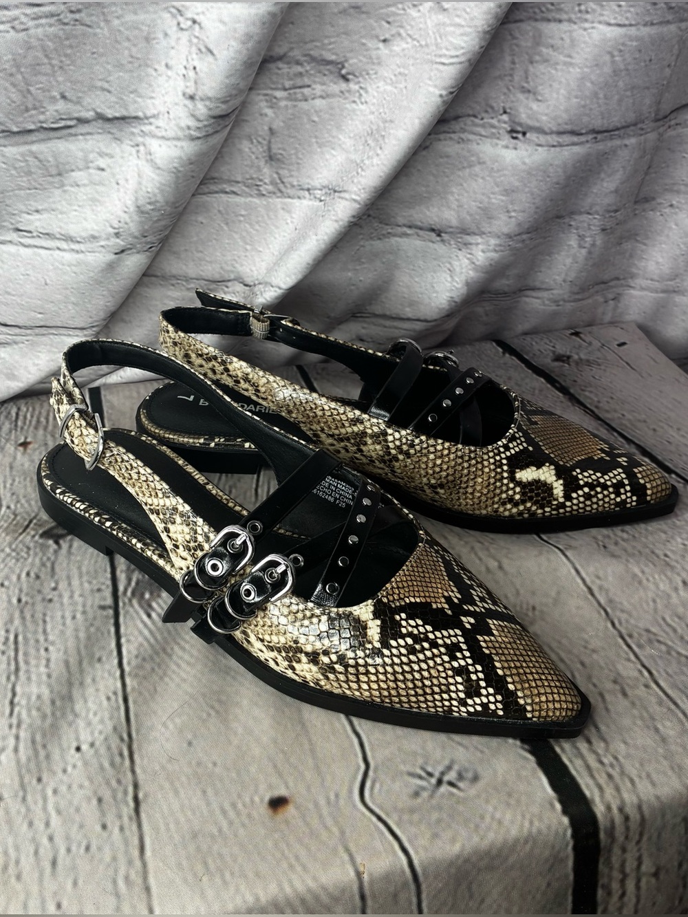 Western Rocker Edgy Moto Faux Snake Print Harness Slingback Office Siren Flats 7